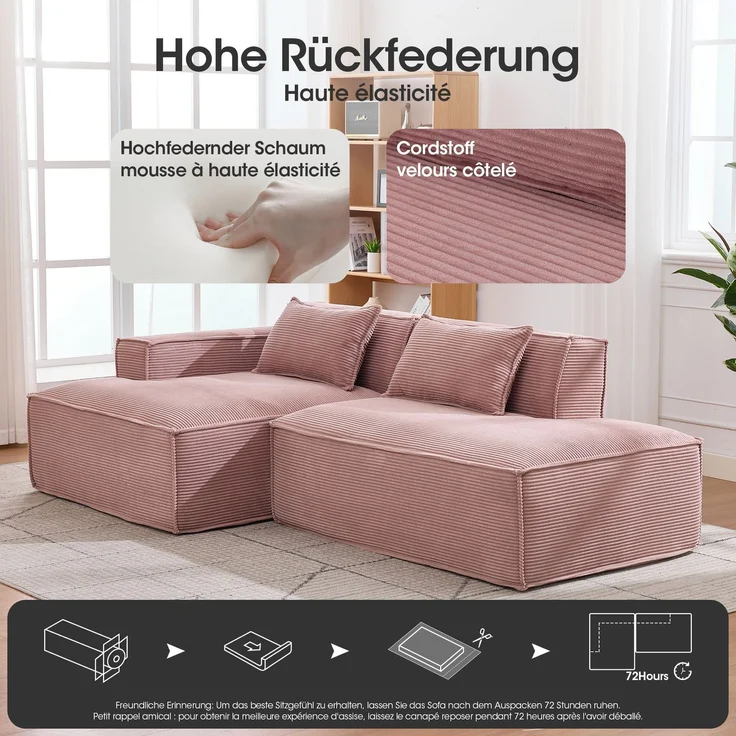 LVHOM Ecksofa 2 Sitzer, Modulares Sofa 235 cm breit, L-Form Sofa mit 2 Kissen, Schlafsofa aus Cordstoff, kein Aufbau erforderlich, Rosa – Bild 4
