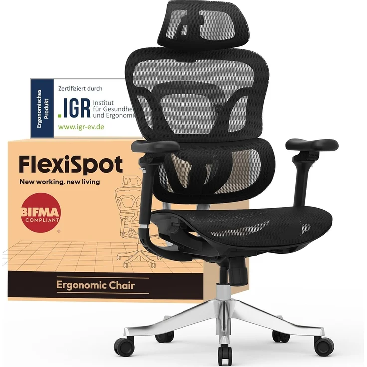 FLEXISPOT Ergonomischer Stuhl bis 300 kg, mit 4D Kopfstütze & 5D Armlehnen,Einteiliger Rücken- & Lendenstütze Bürostuhl für Büro und Gaming, ErgoX Max, Schwarz