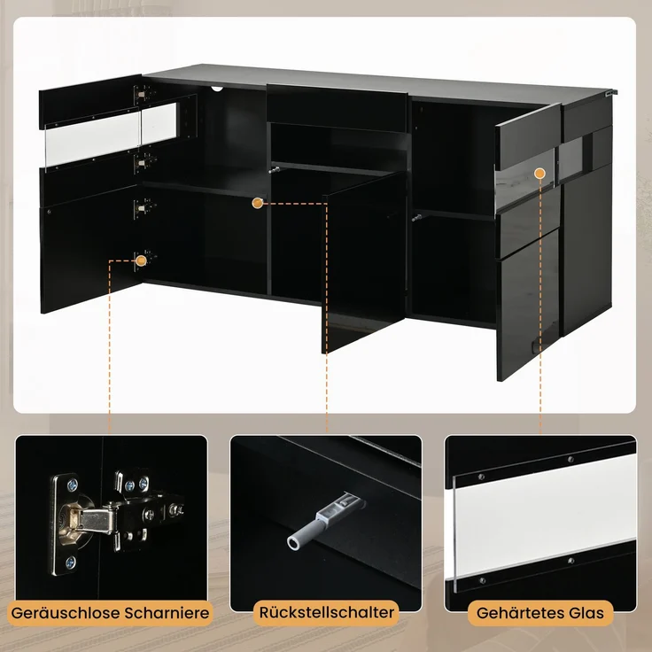 Merax 140cm Wohnzimmer-Sideboard, Kommode mit 3 Türen, Hochglanz-Wohnzimmerschrank mit LED-Lichtleiste, Transparentes Acrylgehäuse, Schrank mit 7 Ablagefächern, Schwarz – Bild 6