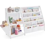 SONGMICS Bücherregal Kinder, mit Seitentasche, Stahl/Textil/Holz Weiß, 30 x 108,5 x 75 cm