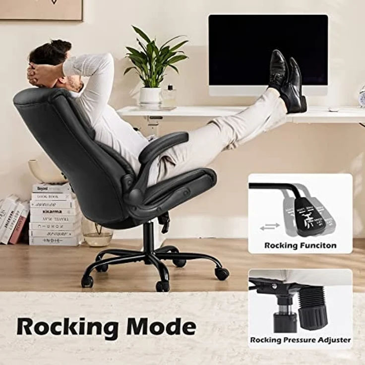 DUMOS Bürostuhl Pu-Leder Chefsessel mit Hochklappbaren Armlehnen Bürostuhle Leder mit Drehbaren Rädern Office Chair Ergonomic Geeignet für Büros Zuhause und Andere Umgebungen – Bild 6