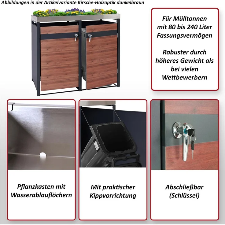 2er Mülltonnenverkleidung mit Pflanzkasten HWC-J82, erweiterbar, Metall 59kg, anthrazit ~ Kirsche-Holzoptik dunkelbraun – Bild 2