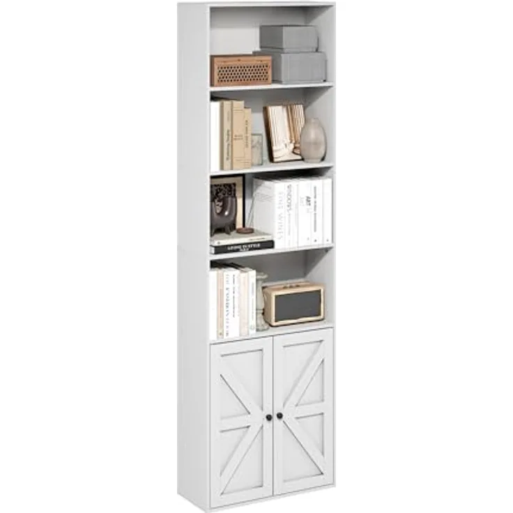 Furinno Jensen Landhausstil 6-stöckiges Ausstellungsregal, Bücherregal mit Türen, Weiß