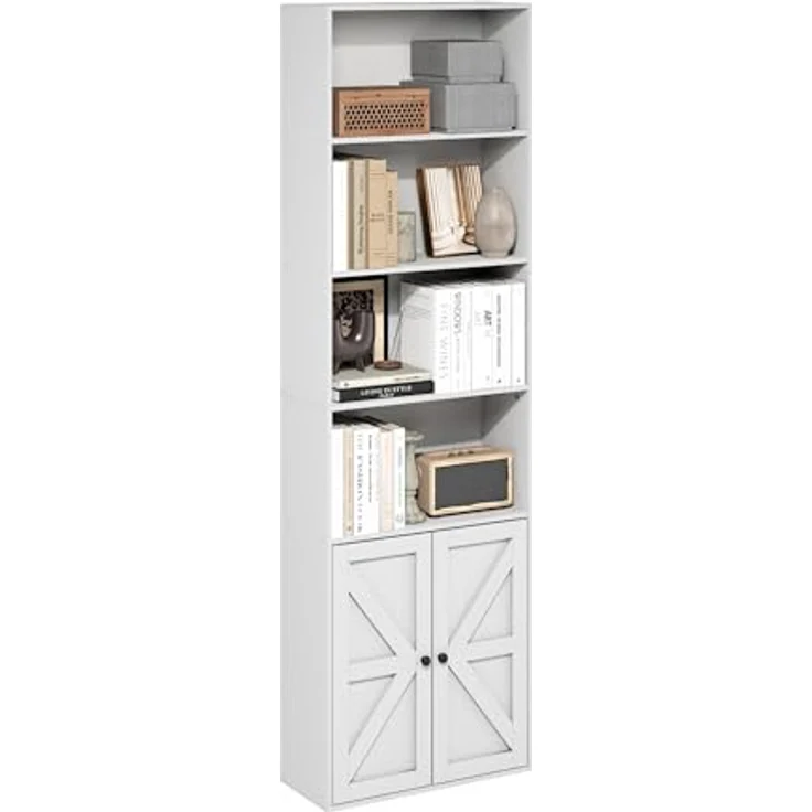 Furinno Jensen Landhausstil 6-stöckiges Ausstellungsregal, Bücherregal mit Türen, Weiß – Bild 1