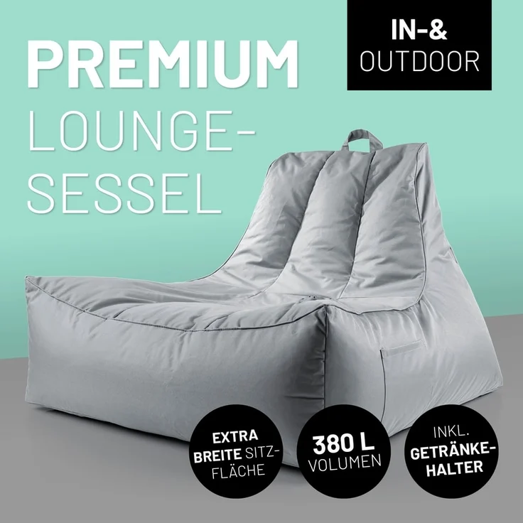 Lumaland Sitzsack Sitzsack-Lounge In-& Outdoor 380l grau, mit Flaschenhalter – Bild 2
