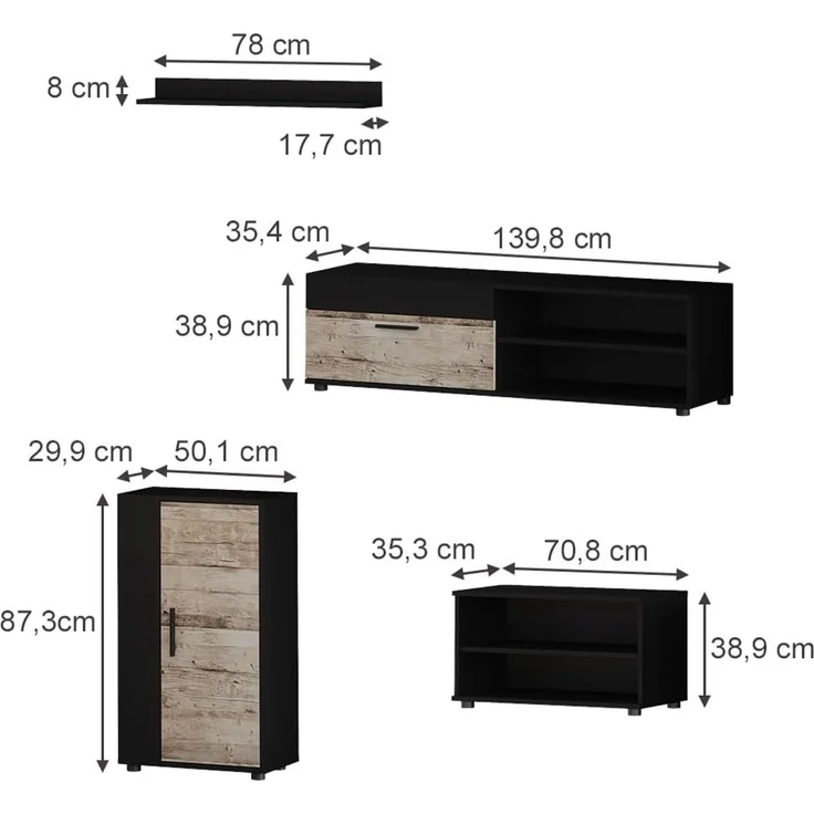 Wohnwand Berno Schwarz/Sandeiche 4-teiliges Set Vicco – Bild 3