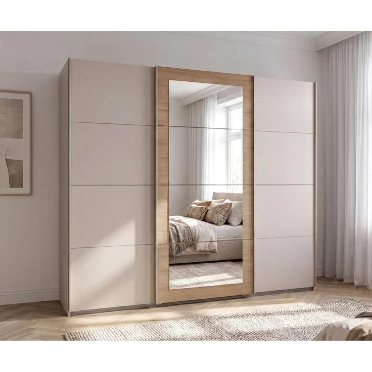 Schwebetürenschrank 3-trg. Kleiderschrank 270 cm Beige Grau, Eiche Natur Spiegel – Bild 2
