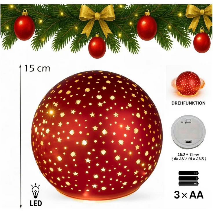 formano LED Deko-Kugel Drehend Rot 15 cm Glaskugel Timer 6h/18h Weihnachten Deko - mattes Farbglas mit Stern-Dekor - winterlichem Dekor - Herbst Winter Weihnachtsdeko für Tisch Regal Fensterbank – Bild 3