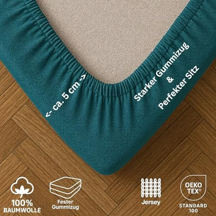 EXKLUSIV HEIMTEXTIL Jersey Spannbettlaken Premium 140 x 200 cm Petrol 100% Baumwolle Öko - Tex Zertifiziert Bed-Sheet Bettlaken Spannbetttuch Topper Leinentuch – Bild 4