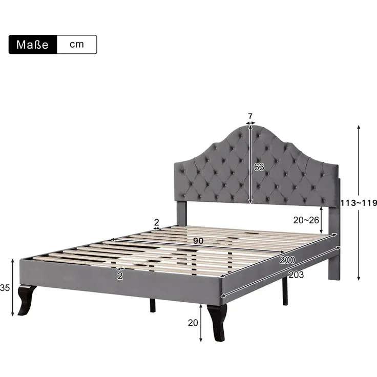 Polsterbett, Einzelbett mit Lattenrost, 90x200 cm, Kopfteil höhenverstellbar, Jugendbett, Samt – Bild 6