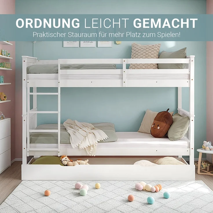 Kinderbett 90x200 mit Stauraum Etagenbett Holzbett Weiß Jugendbett Doppelstockbett Rausfallschutz Stockbett Umbaubar – Bild 5