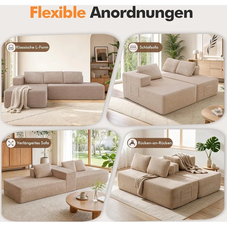 COMHOMA Ecksofa mit Schlaffunktion, 255cm Corduroy Modulares Boneless Couch mit Chaiselongue & Rücken-Metallgestell, L-Form Schlafsofa mit offenem Design, Kissen & Seitentaschen,für Wohnzimmer, Beige-R – Bild 6
