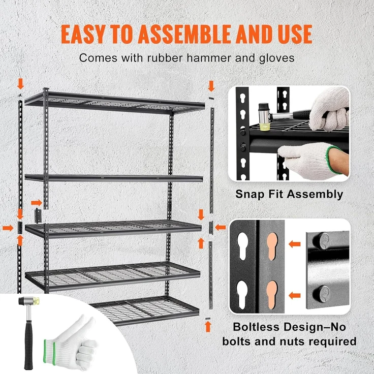 VEVOR Lagerregal 5-stufig verstellbar 907,2 kg Kapazität Garagenregale, Metall-Organizer Drahtregal schwarz 152,4 x 61 x 198,1 cm für Küche, Speisekammer Keller Badezimmer Wäscheschrank – Bild 3