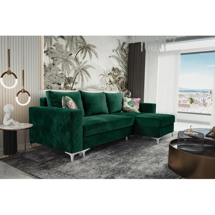 MEBLINI Schlafcouch mit Bettkasten - MASSIMO - 236x145x86cm - Grün Samt - Kleines Ecksofa mit Schlaffunktion - Sofa mit Relaxfunktion und Kissen - Kleine Couch L-Form - Eckcouch