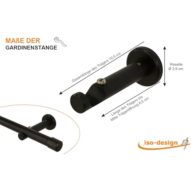 iso-design Gardinenstange 20 mm Schwarz Endstück Kappe Wand- oder Deckenmontage, Ø 20 mm, 1-läufig, Fixmaß, Metall – Bild 7