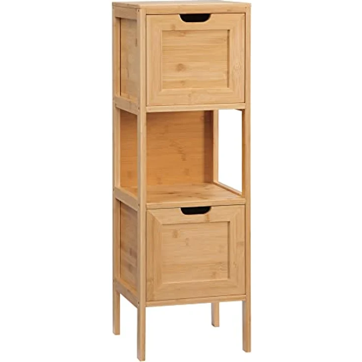 kleankin Badezimmerschrank Badschrank Aufbewahrungsschrank mit Kippschutz aus Bambus, Unterschrank mit 2 Schubladen, Lanfhausstil Beistellschrank, Naturholz, 30 x 30 x 90 cm – Bild 2