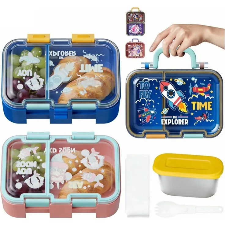 Bundviel Lunchbox Auslaufsichere Kinder-Brotdose mit Fächern im Set, (mit 100ml Edelstahl-Dippschale, Kindergarten und Schule - Mädchen und Jungen, Vesperbox, Snackbox)
