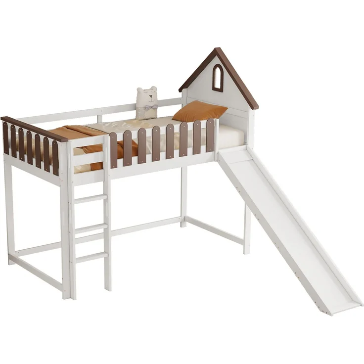 Merax Etagenbett, mit Rutsche, mit Fenster, mit Lattenrost, Holz Weiß+Walnuss, 90x200 cm – Bild 10