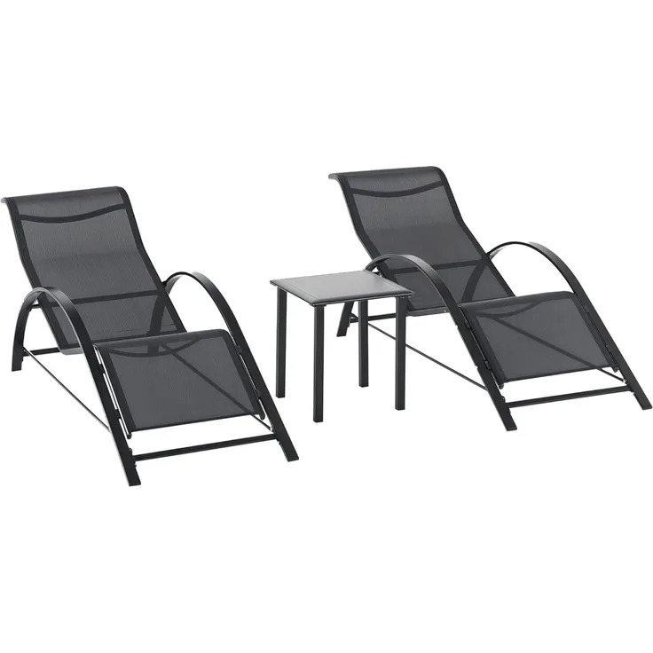 Outsunny Gartenliege Sonnenliege-Set mit Tisch, 2 Liegestühlen, Liege, 3 St, Relaxliege, für Balkon, Terrasse, Schwarz