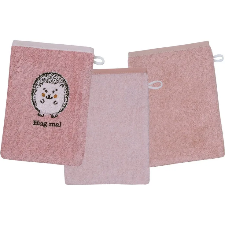 Wörner Waschhandschuh Igel rosa Waschhandschuh 3er Set, (3-St), 1x mit süßer Igelstickerei, 2x unifarben