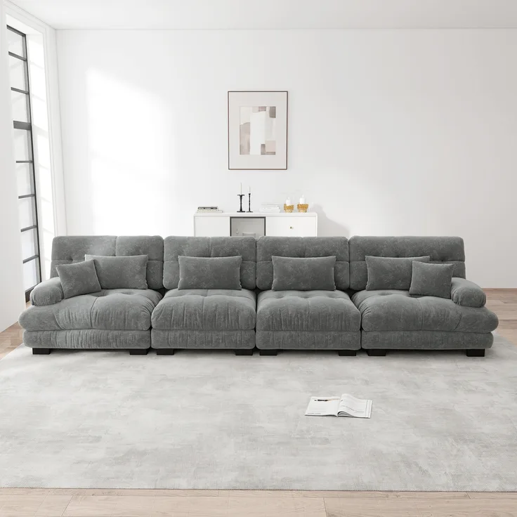 Ecksofa, 4-Sitzer modulares Ecksofa mit Tiefensitz Chenille Schlafsofa komfortabel gepolstert für Wohnzimmer Apartment Studio Büro, Chenille, Grau