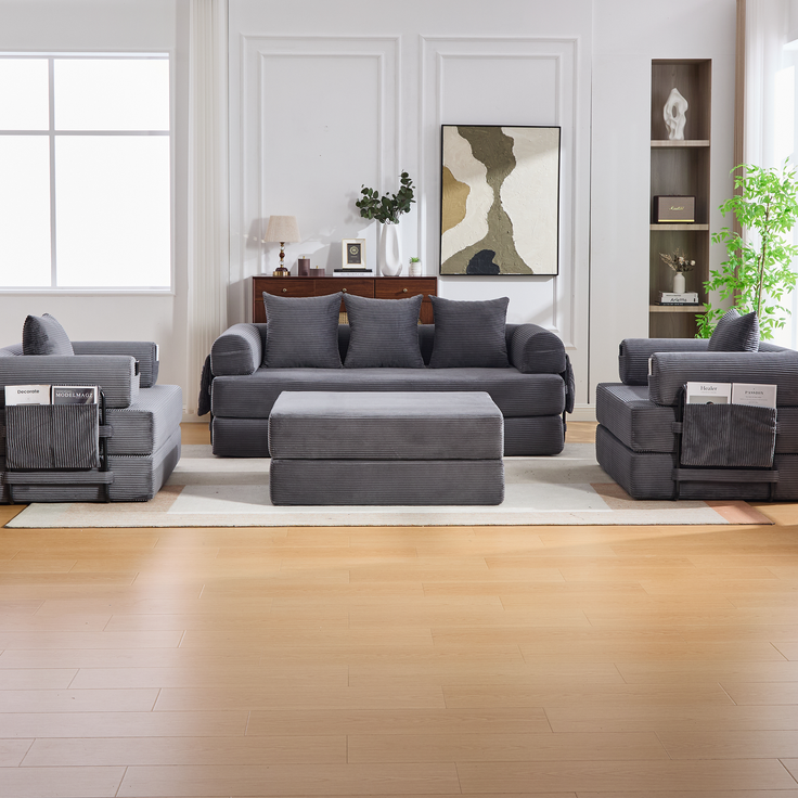 Cord-Sofagarnitur aus 3-Sitzer-Sofa, Sessel und klappbarem Hocker, Metallrahmen, Seitentasche und Kissen für flexible Lounge-Anordnungen, Dunkelgrau – Bild 22