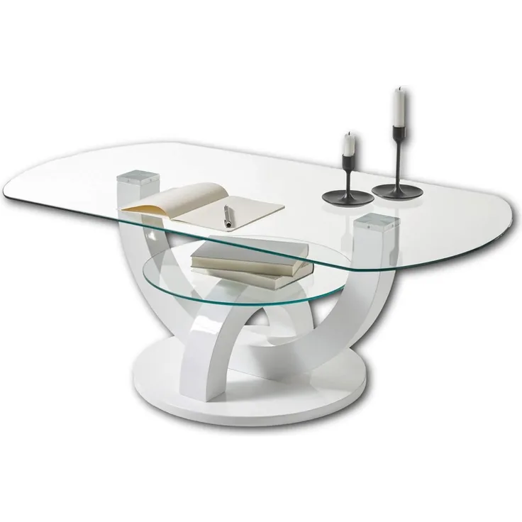 Couchtisch >Boston< weiß Hochglanz / Glas, Ablage - 110x40x60 (BxHxT)