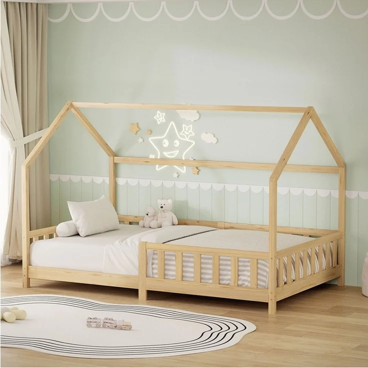 ML-DESIGN Spielbett Hausbett Kinderbett inkl. Lattenrost kreativ Bodenbett für Kinder, Abenteuerbett zum Spielen mit Rausfallschutz Kiefer Natur Himmelbett – Bild 1