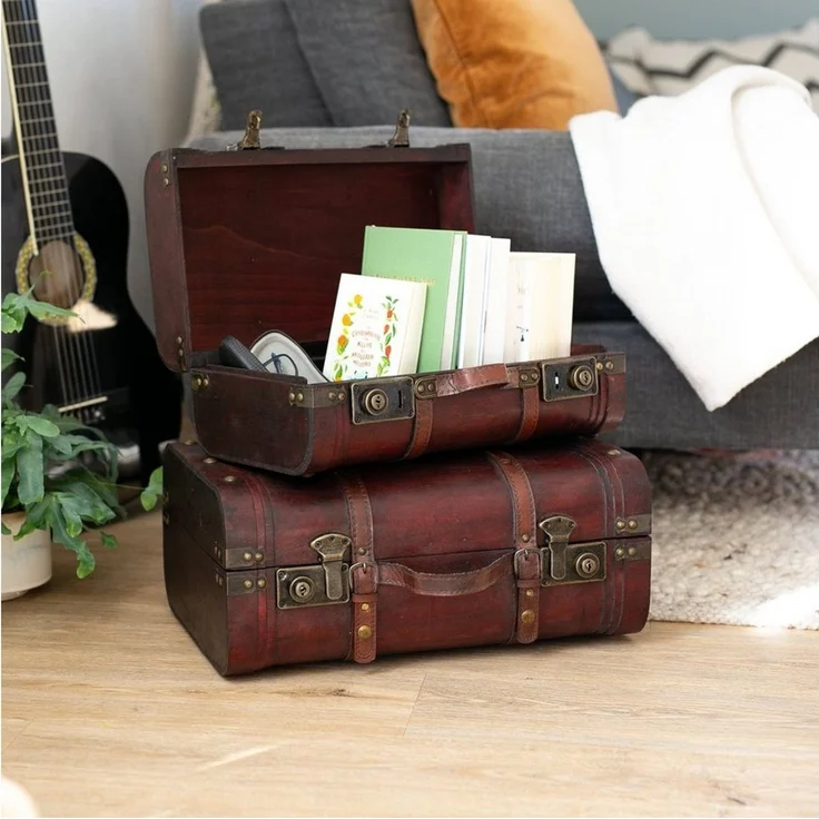 HMF Schatzkiste Schatztruhen aus Holz und dekorativen Schnappverschlüssen (2er Set, versch. Größen), Vintage Koffer, Peru – Bild 2