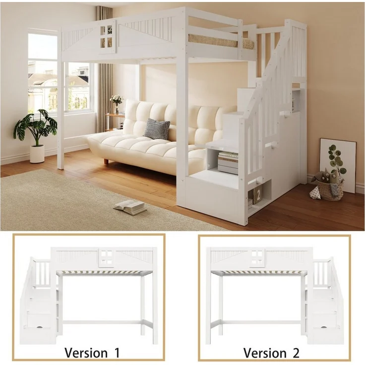 Celya Hochbett Massivholz Multifunktionsbett 140 x 200 cm mit Stauraum (ohne Matratze, Mit Einzigartigem Sicherheitsgitter Mit Fenster) Beidseitig Austauschbarer Aufbewahrungsleiter – Bild 3