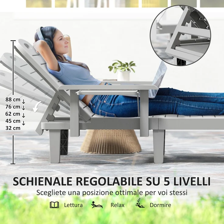 JARDJ Set aus 2 verstellbaren Gartenliegen mit Tisch und Armlehnen, aus Polypropylen, 79 x 158 x 88 cm, Hellgrau – Bild 6