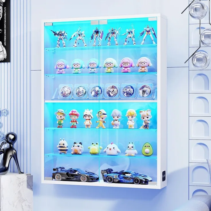 Hängevitrine 60x12x80 cm, Wandvitrine mit 6 verstellbaren Glasböden, LED-Beleuchtung und Sensor, Weiß