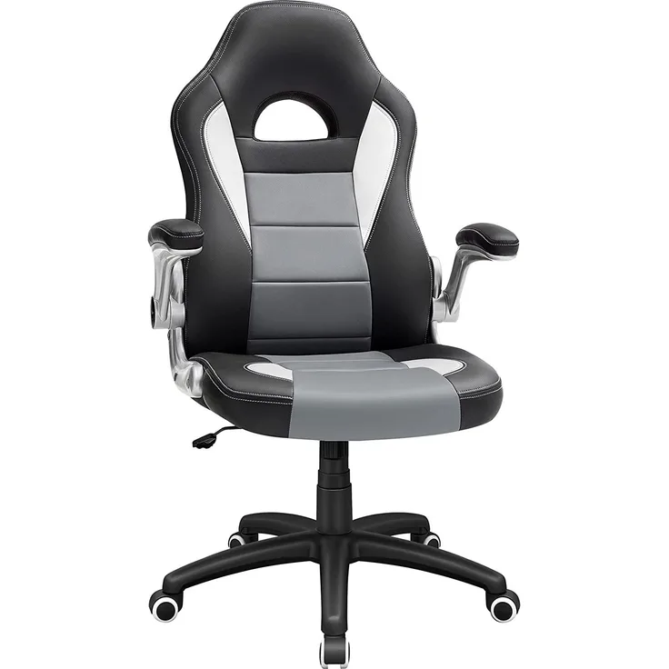 Songmics Gamingstuhl, Racing Chair, Schreibtischstuhl mit hoher Rückenlehne, Bürostuhl, höhenverstellbar, hochklappbare Armlehnen, Wippfunktion, für Gamer, schwarz-grau-weiß OBG28G