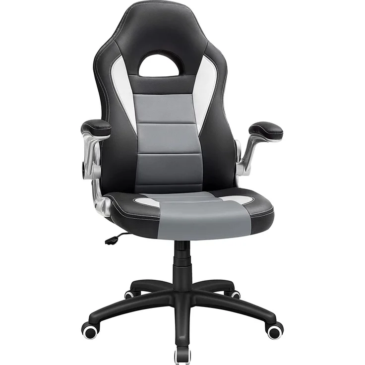 Songmics Gamingstuhl, Racing Chair, Schreibtischstuhl mit hoher Rückenlehne, Bürostuhl, höhenverstellbar, hochklappbare Armlehnen, Wippfunktion, für Gamer, schwarz-grau-weiß OBG28G – Bild 1