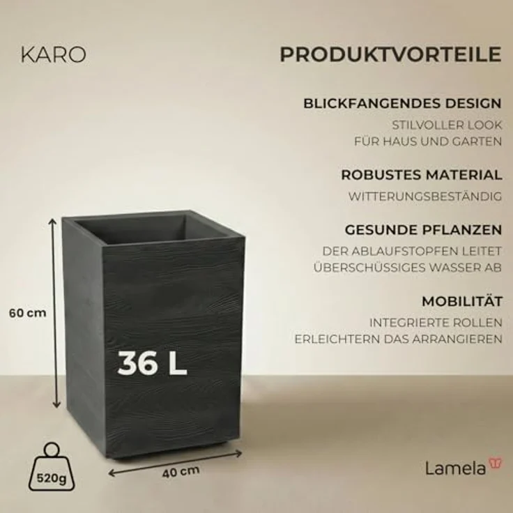LAMELA Pflanzkübel mit Rollen Höhe 60 cm, 36L – Blumentopf aus Kunststoff in Holzoptik – Übertopf mit Wasserablauf – Modern für Innen & Außen - Wetterfest & Pflegeleicht, Antrazit – Bild 3