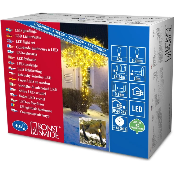 Konstsmide Micro LED Lichterkette, 40 gelbe Dioden, 24V Außentrafo, schwarzes Kabel - 3610-000