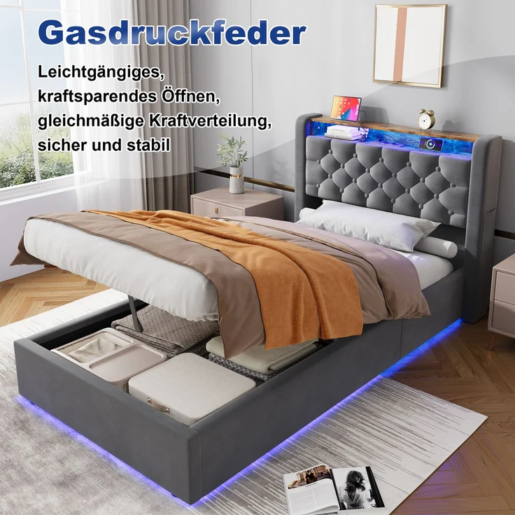 Polsterbett 90x200 cm, Grau, Holland-Velours, LED, USB-C, hydraulischer Stauraum (ohne Matratze) – Bild 7