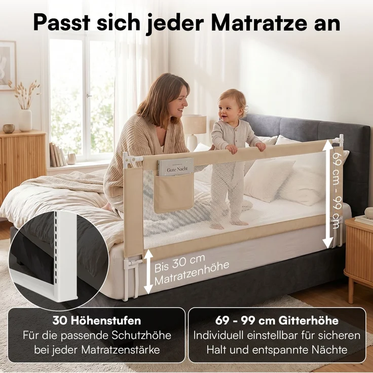 Bellabino 'Drina' Bettschutzgitter mit 2 Sicherheitsgurten, Rausfallschutz klappbar & höhenverstellbar, aus Oxford-Stoff & Metall, 150 cm, beige – Bild 2