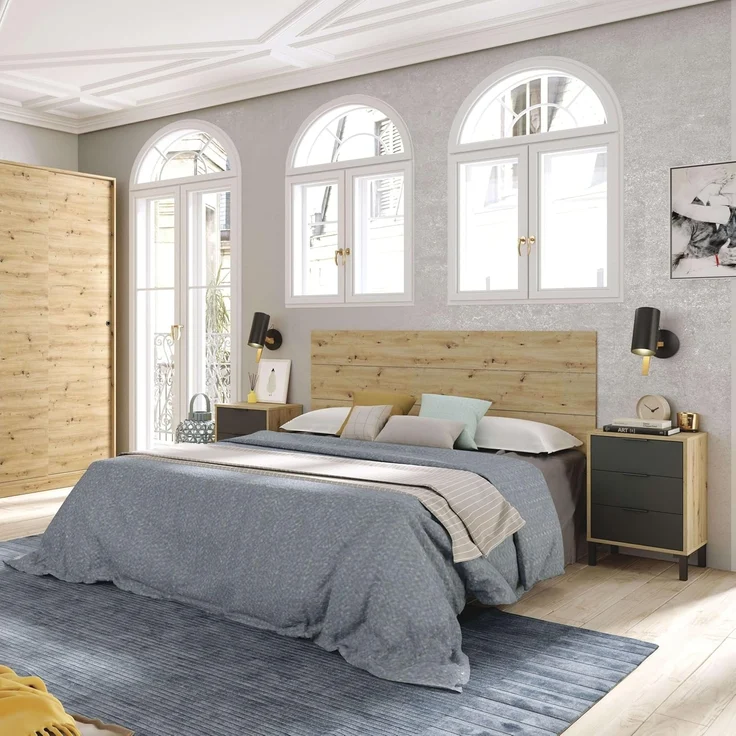 Habitdesign, modernes Kopfteil mit 2 Nachttischen und 6 Schubladen für Doppelbett, Schlafzimmer-Set in Eiche Nodi & Anthrazit, viel Stauraum, Maße: 240 x 74 x 33 cm (B x H x T), Modell Enzo – Bild 6