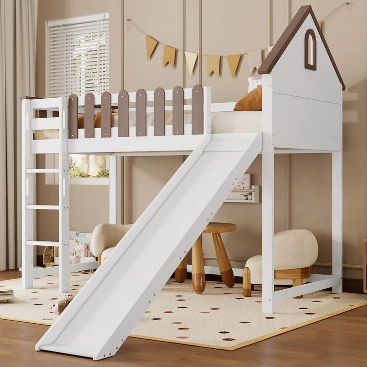 Hochbett Jugendbett Kinderbett, mit Dach und Fenster, dreistufige Leiter, Rutsche, Kiefer MDF, weiß walnuss, 90 x 200 cm