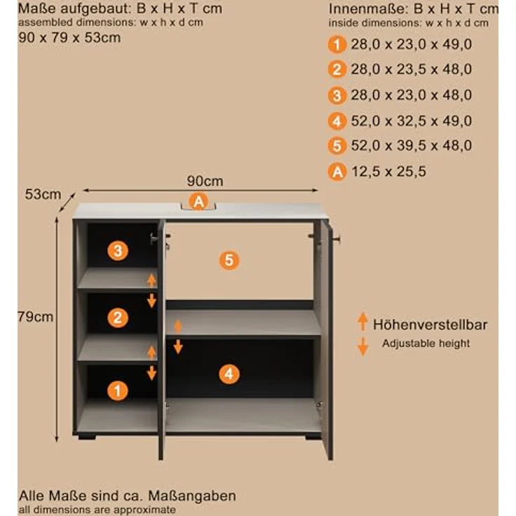 trendteam smart living - PureBliss - Waschbeckenunterschrank - Kashmir Hellgrau -Rillenoptik - 3 offene Fächer + 1 Einlegeboden - (BxHxT) 90 x 79 x 53 cm - edle Metallgriffe – Bild 4