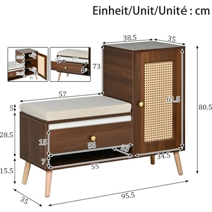 Schuhschrank Rattan Garderobenbank mit Sitzpolster, Walnussfarbe | Multifunktional, Schubladen & offene Fächer, Schranktür, 95,5×35×80cm – Bild 3