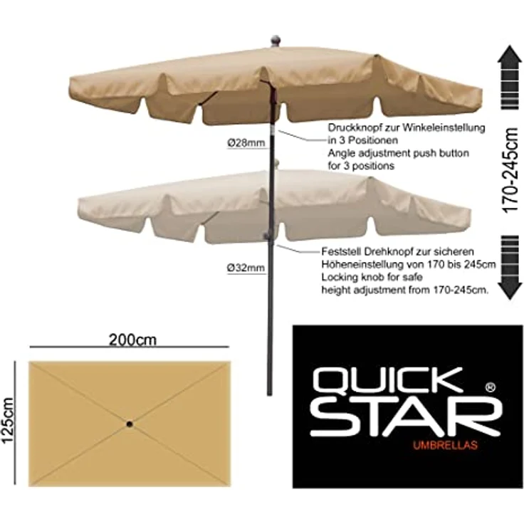 Quick Star Sonnenschirm Sonnenschirm 2x1,25m Rechteckig Sand, LxB: 125x200 cm, Abknickbar, Drehbar, Höhenverstellbar – Bild 3