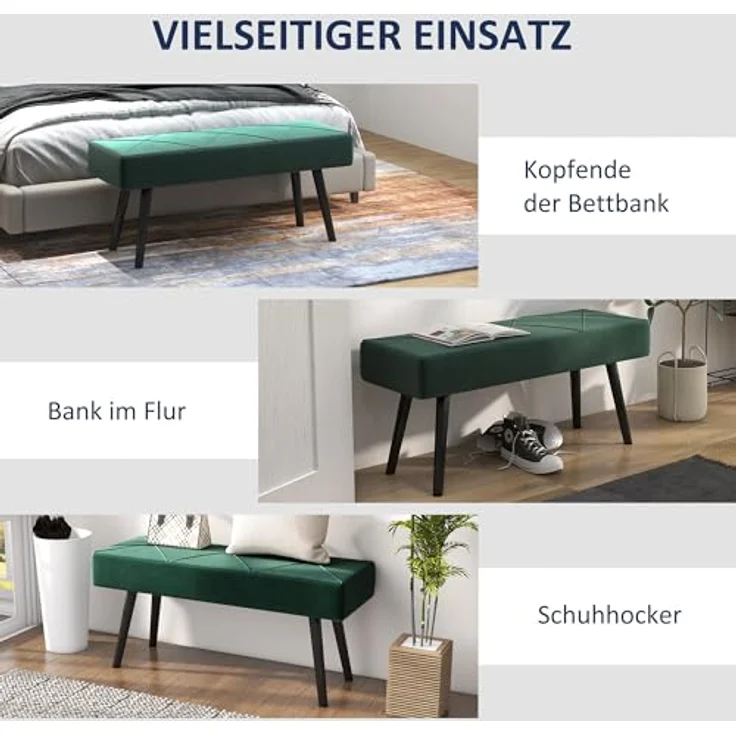 HOMCOM Polsterbank Sitzbank mit X-Muster, in Samtoptik, bis 120 kg Belastbar (Flurbank, 1-St, Bettbank), für Schlafzimmer, 100 x 36 x 45 cm, Grün – Bild 7