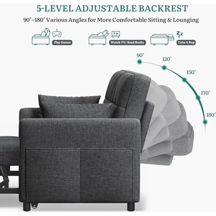 YITAHOME Schlafsofa mit Schlaffunktion, 182x136 cm Sofa, 5-stufig Verstellbarer Rückenlehne, 3-in-1 Schlafcouch mit 2 Kissen & Seitentasche, 2-Sitzer Sofa Bed für Gästezimmer, Grau – Bild 5