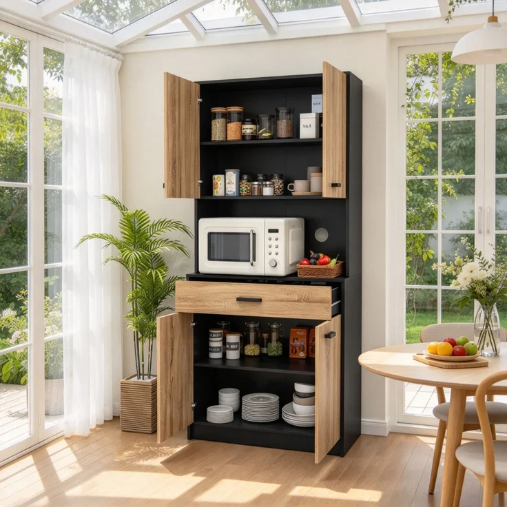 Küchenbuffet 80x40x180 cm im Industrial-Stil, 4 Türen, Schublade und Kabeldurchführungen – Bild 3