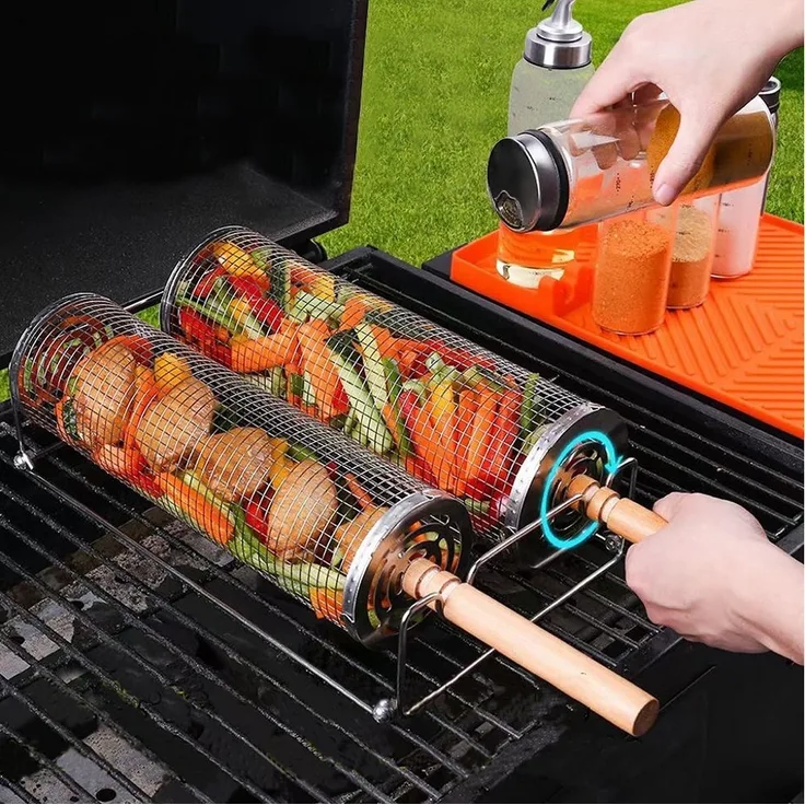 FOUORTUNATE-BEE Grillbesteck-Set Rollendes Grillkorb mit Holzgriff, (2 tlg, Grillnetzrohr für Den Außengrill für Gemüse), Grillkorb Edelstahl Zylindrisch, Grill Zubehör Drehspieß