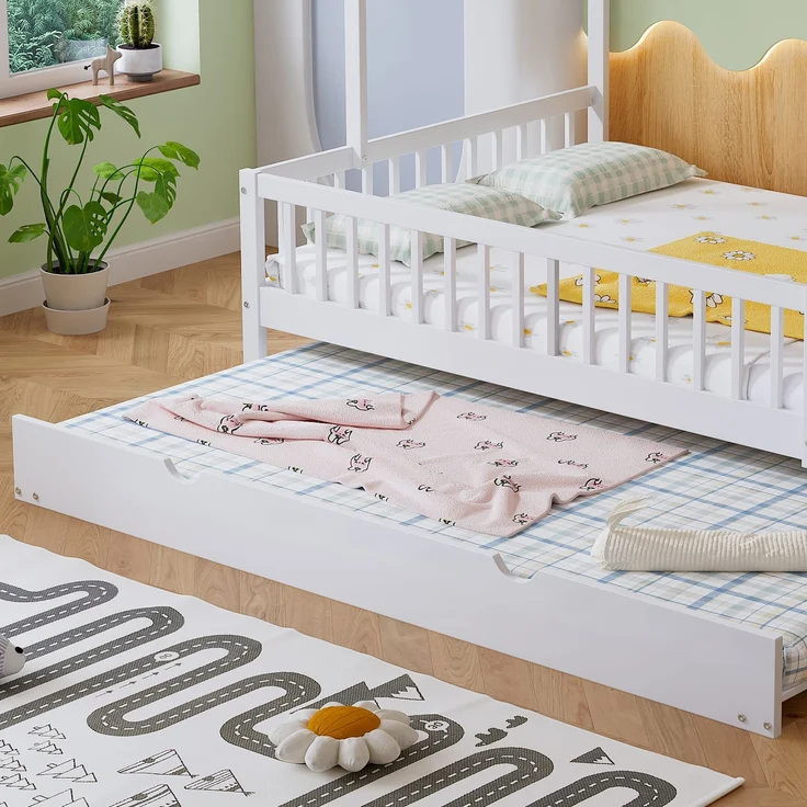 Hausbett Kinderbett 120x200 mit Rollbett Dach Kaminleiste Kiefer MDF Lattenrost weiß Jugendbett Schlafplatz – Bild 4