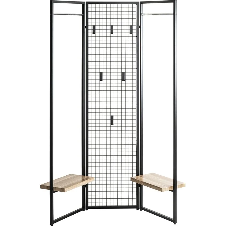 Garderobe >55599< Paravant / Raumteiler, schwarz, Metall, Eiche-MDF - 175x46cm (HxT)