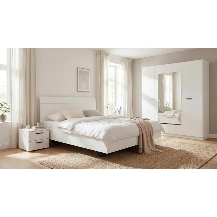 Rauch Möbel Florenz Schlafzimmer, Alpinweiß, bestehend aus Bett mit Liegefläche 160x200 cm inklusive 2 Nachttische und Drehtürenschrank mit Spiegel BxHxT 181 x 210 x 54 cm